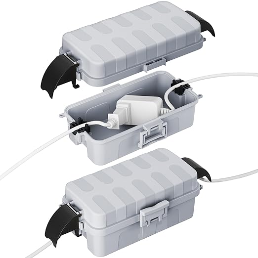 FLEMOON [2 Pack] IP55 Outdoor Electrical Box Waterproof with Detachable Awning Covers, 8.3 x 4.1 x 3.7 inch Weatherproof Extension Cord Cover, Easy Installation for Plug, String Lights, Light Gray