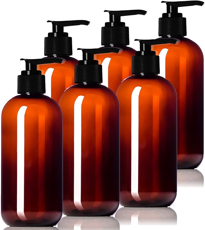 8oz Plastic Amber Bottles (6 Pack) BPA-Free Squeeze Containers with Pump Cap, Labels Included