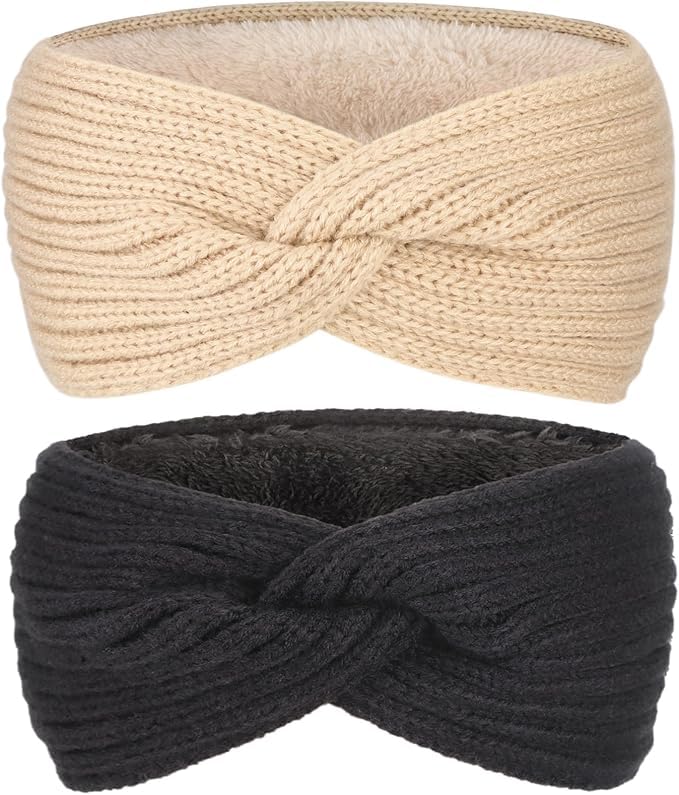 AQOKKA Knit Winter Headbands for Women Fuzzy Wool Fleece Lined Ear Warmers Elastic Turban Crocheted Head Wrap Winter Accessories for Women Cold Weather