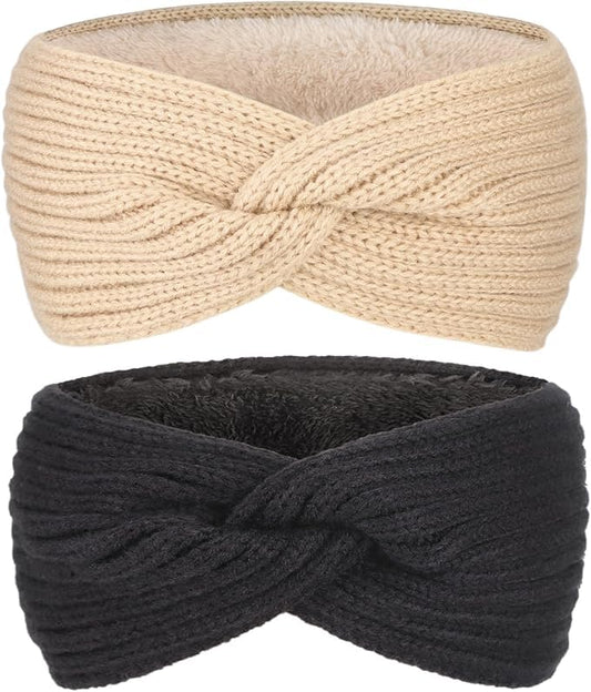 AQOKKA Knit Winter Headbands for Women Fuzzy Wool Fleece Lined Ear Warmers Elastic Turban Crocheted Head Wrap Winter Accessories for Women Cold Weather