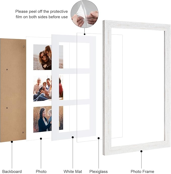 8x14 Collage frame with 3 Openings 4X6 Pictures, Multiple Picture Frame with Mat, Wall or Tabletop Decor, White Wood Grain (1 Pack)