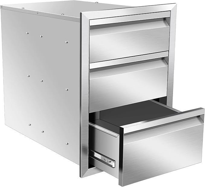 Outdoor Kitchen Drawers Stainless Steel 16W X 21H X 23D Inch, Flush Mount Triple BBQ Island Drawers with Hidden Handle for Outdoor Kitchens, Patio or Grill Station