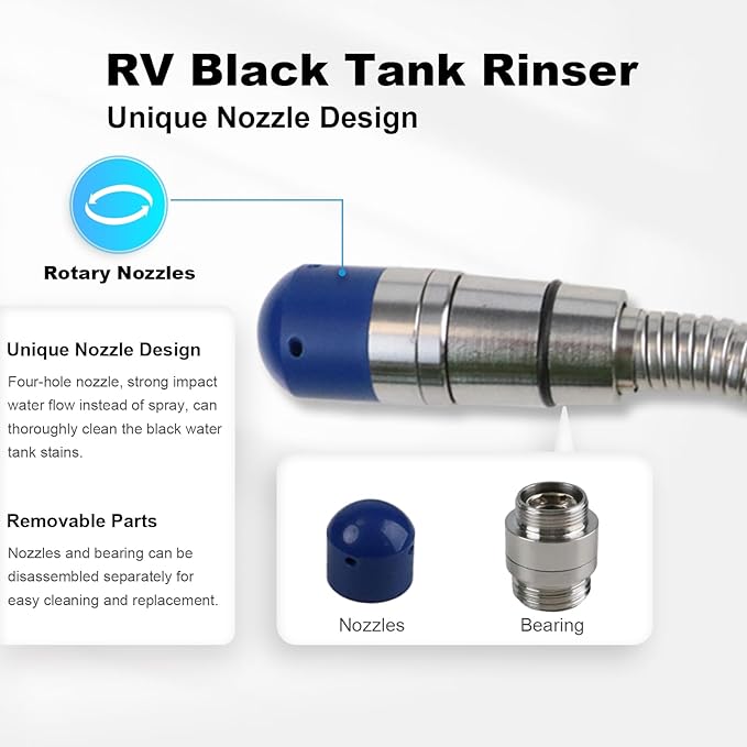 COOSPIDER RV Black Tank Flexible Swivel Stick Rinser 57 Inch, Stainless Steel Camping Toilet 360° Powerful Rotary Cleaning Hose with 1 Inch to 3/4 Inch Connector, for Black Sewer Holding Tank