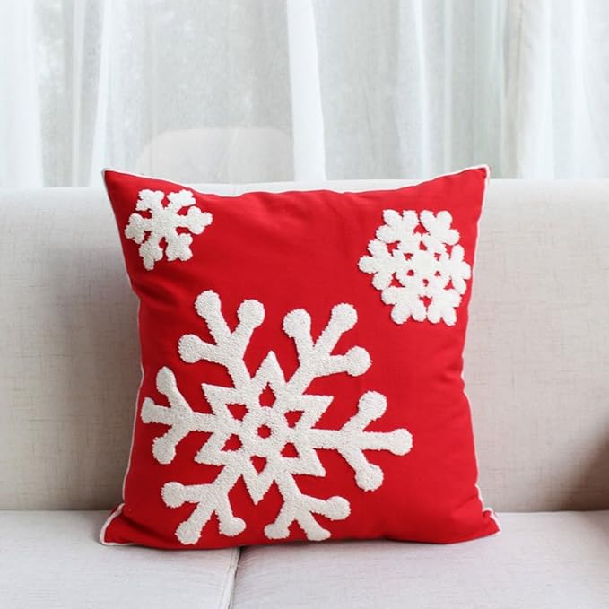 Elife Soft Square Christmas Snowflake Home Decorative Canvas Cotton Embroidery Throw Pillow Covers 18x18 Cushion Covers Pillowcases for Sofa Bed Chair (1 Pair, Red)