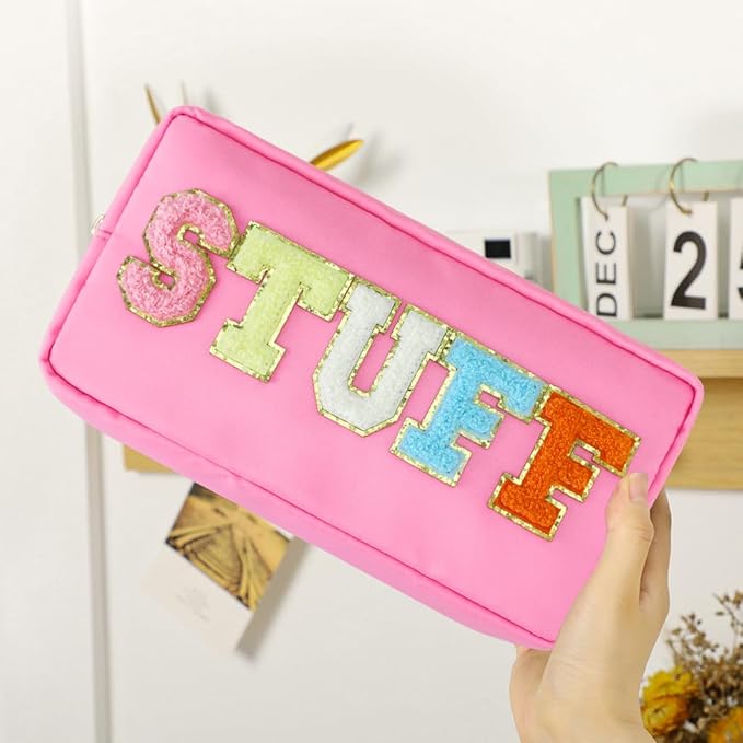 DYSHAYEN Nylon Stuff Cosmetic Bag Small Travel Preppy Makeup Pouch Bag for Women Girls with Chenille Letter Patches (Pink-STUFF)