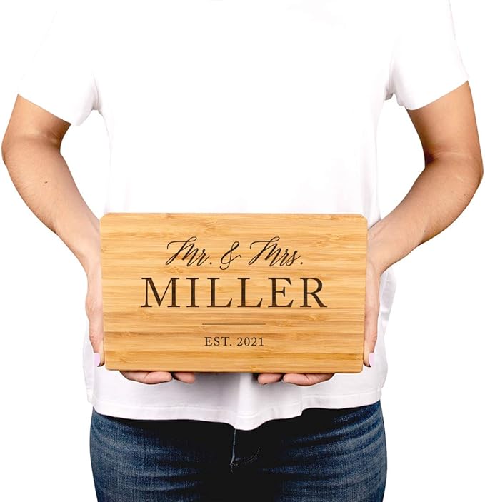 Andaz Press Personalized Laser Engraved Small Bamboo Wood Cutting Board, 9.5 x 6-inch, Mr. & Mrs. Last Name and Date, Custom