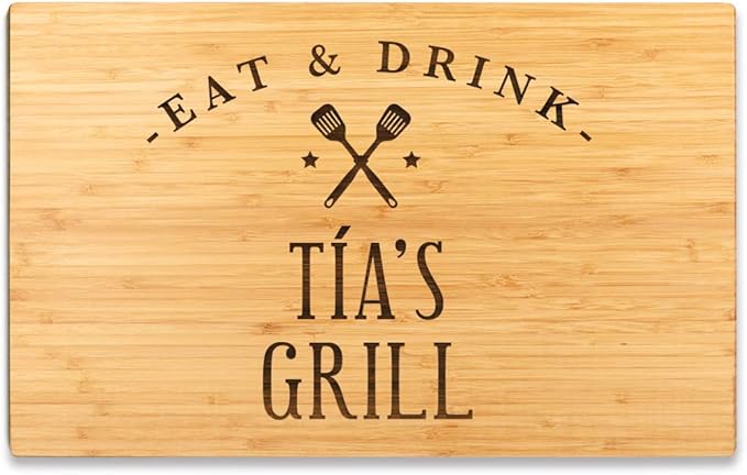 Andaz Press Large Bamboo Wood BBQ Cutting Board Gift, 17.75 x 11-inch, Tía's Grill, 1-Pack, Laser Engraved Serving Chopping Board Christmas Birthday Chef Kitchen Ideas