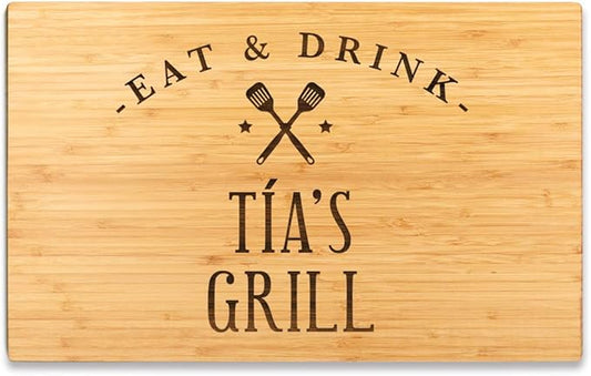 Andaz Press Large Bamboo Wood BBQ Cutting Board Gift, 17.75 x 11-inch, Tía's Grill, 1-Pack, Laser Engraved Serving Chopping Board Christmas Birthday Chef Kitchen Ideas