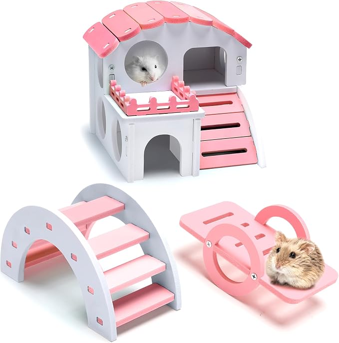 Skylety 3 Pieces Fun Hamster Guinea Pig Hideout Kit, Small, Pink | Include PVC Hamster House, Rainbow Bridge, Seesaw DIY Exercise Playhouse for Rats Mouse Small Animals