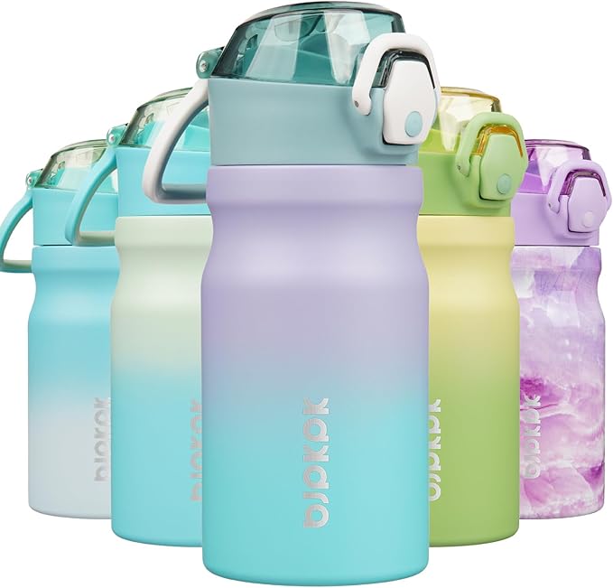 BJPKPK 14oz Insulated Water Bottle with Straw Stainless Steel Double Wall Water Bottles BPA Free Leak Proof Thermal Flask with Lockable Flip Lid,Lavender Green