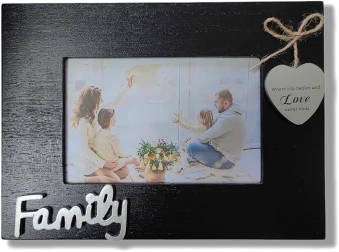 Family Picture Frame 4x6,Where Life Begins and Love Never Ends Photo Frame Heart Black,Father Day,Mother Day' S Gift,Wooden Family Frame for Wall 4x6 (Family Horizontal)