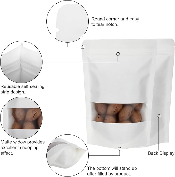 Blisstime 50 Pieces Resealable Bags for Small Business, White Kraft paper Stand Up Pouches with Matte Window Reusable Heat Sealable Bags for Packaging (4.7 X 7.9 Inches)