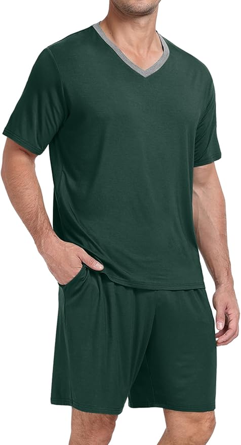 PrinStory Men's Pajama Set Sleepwear Pjs Lightweight Quick Dry Short Sleeve V-Neck Shirts and Shorts Soft Comfy Sleep Sets