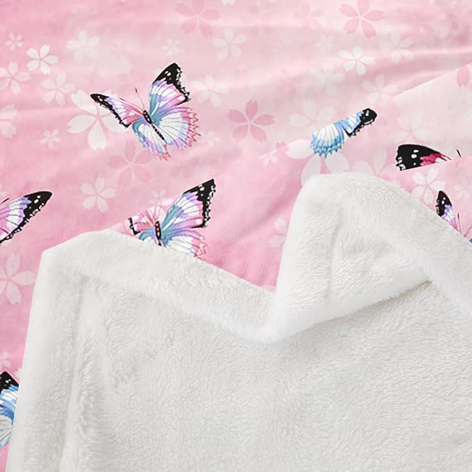 Feelyou Girls Butterfly Fleece Throw Blanket Queen 90"x90" Kids Pink Cherry Blossom Sherpa Blanket Plush Fuzzy for Bed Couch Chair Living Room, Beautiful Butterflies Bed Blanket Room Decor