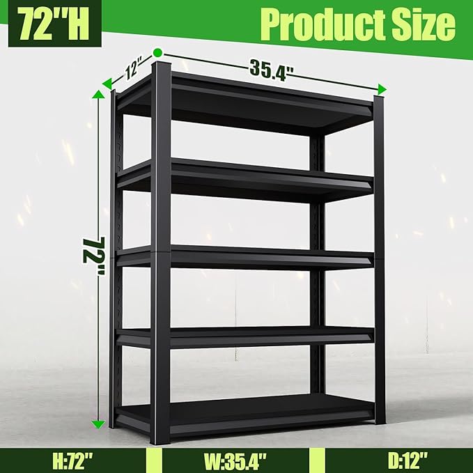 Garage Shelving,Heavy Duty Garage Storage Shelves,Metal Shelving Unit,5 Tier Adjustable Steel Utility Shelf,Use for Basement,Warehouse, Pantry Closet,Black (Steel-72 H*35.4" W*12" D)