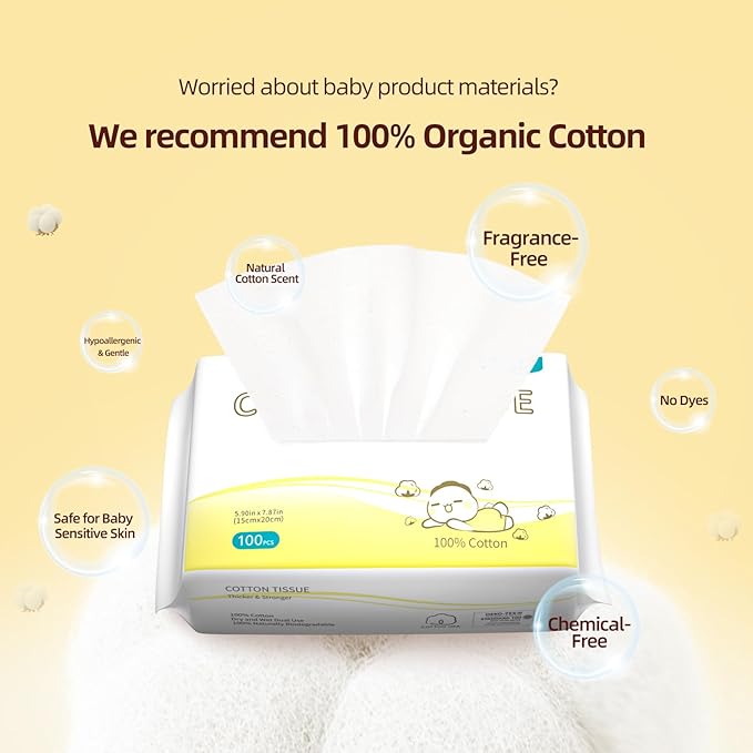 Winner 100% Cotton Dry Wipes, USDA Certified Baby Wipes, Soft & Gentle, Hypoallergenic & Unscented for Baby Sensitive Skin, Use Wet/Dry for Diaper Changes, Meals & Cleanup, 100ct, Pack of 1