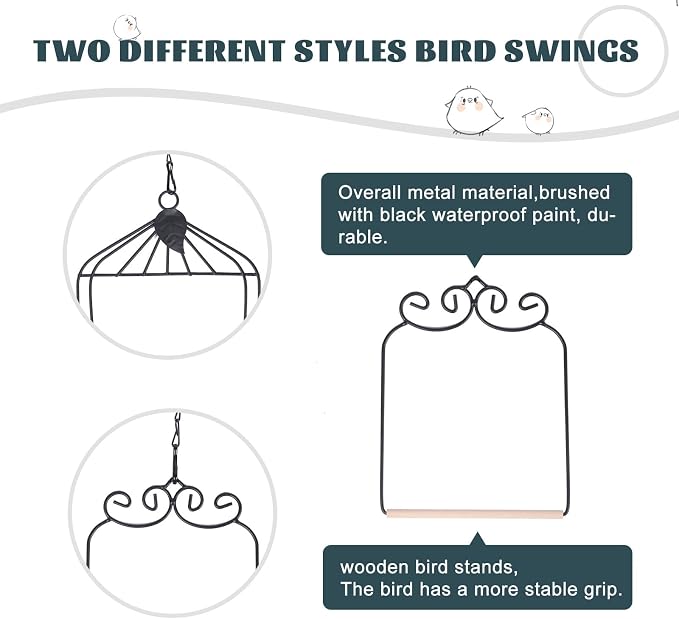 Metal Frame Hummingbird Swings and Perches with Wooden Dowel Black Bird Swing Outdoor Bird Perch Humming Bird Swing (2PK Different)