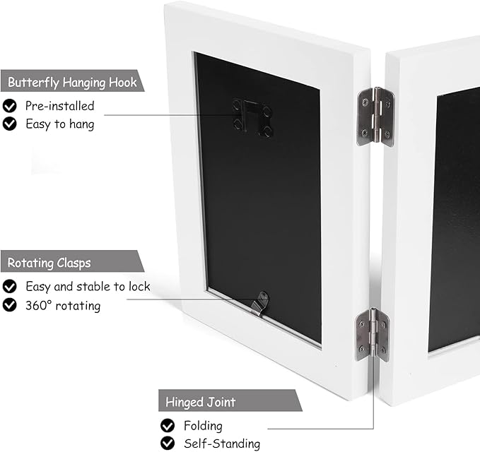 5X7 Double Wooden Hinged Picture Frame Horizontal and Vertical in White, Display 4x6 with Mat or 5x7 without Mat, Folding Photo Frame with Real Glass Front for Tabletop X2-BAI-HS57