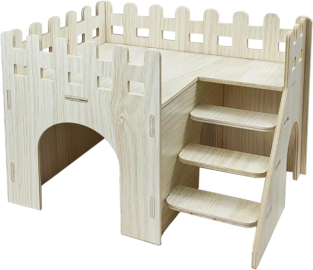 Hamster Hideout Cage Accessories - Hamster House and Habitat Wooden Hide Hut with Climbing Stairs and Platform for Syrian Dwarf Gerbils and Mouse Mice Rat，Small Animals etc.
