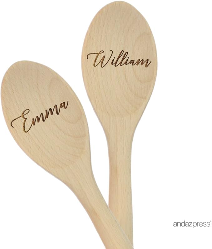 Andaz Press Personalized Laser Engraved Wooden Mixing Spoon, 12-inch, Script Names, 2-Pack, Custom Bride and Groom Names