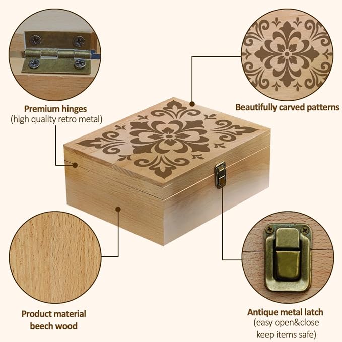 arricraft 1 Pc Tile Pattern Wooden Memory Keepsake Box, Metal Knot Box with Hinged Lid Photo Boxes for Office or Home Storage Keepsake Chest for Anniversary, Wedding, Memory, Valentines Day
