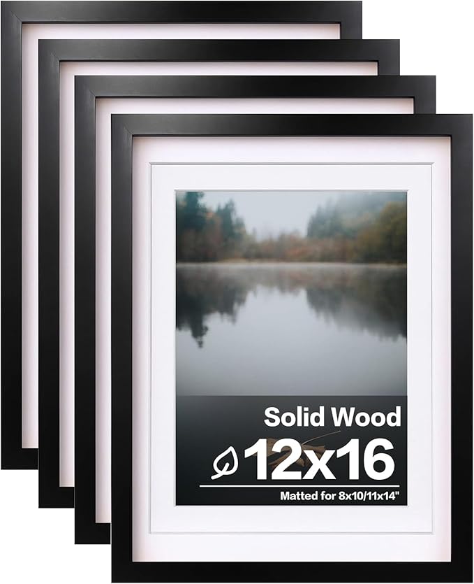 Egofine 12x16 Picture Frames Set of 4, Made of Solid Wood Covered by Plexiglass 9x12 and 11x14 with Mat or 12x16 without Mat, for Wall Mounting Photo Frame Black