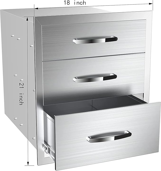 Outdoor Kitchen Drawers Stainless Steel 18W X 21H X 23D Inch, Flush Mount Triple BBQ Island Drawers with Handle for Outdoor Kitchens, Patio or Grill Station