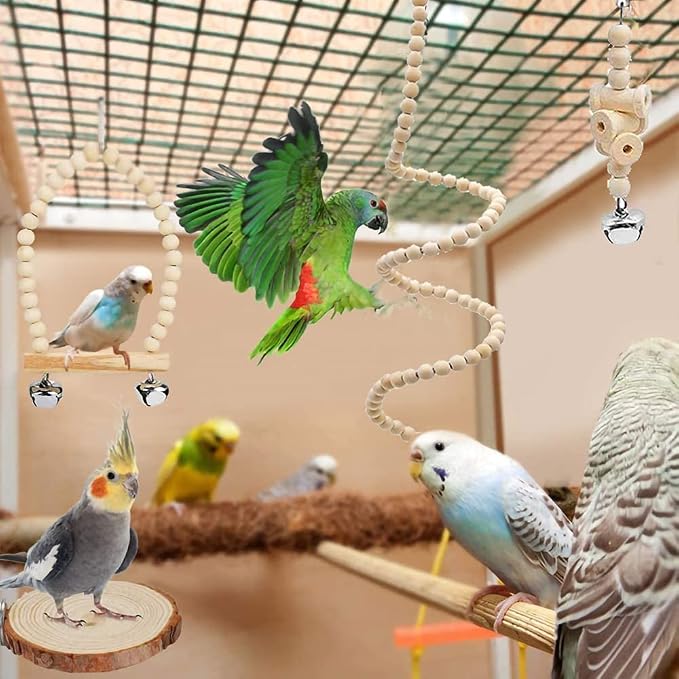9-Piece Parakeet Toys & Budgie Toys, Bird Cage Accessories Set | Natural wood bird toys include coconut hideaway, swing, ladder, perch, mirror and hanging toys for budgies & cockatiels