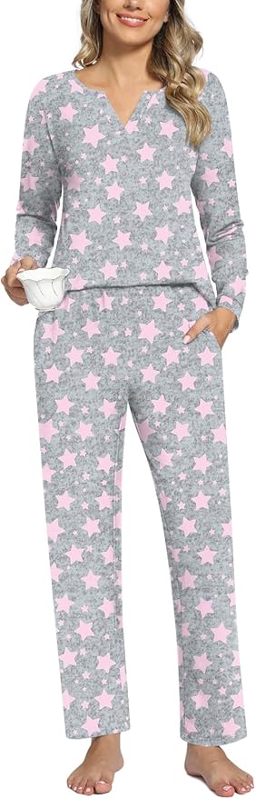 Anyally Women's Plus Size Pajama Sets Ladies Fall Pjs 2 Pieces Lounge Outfits V Neck Long Sleeves Sleepwear with Pockets