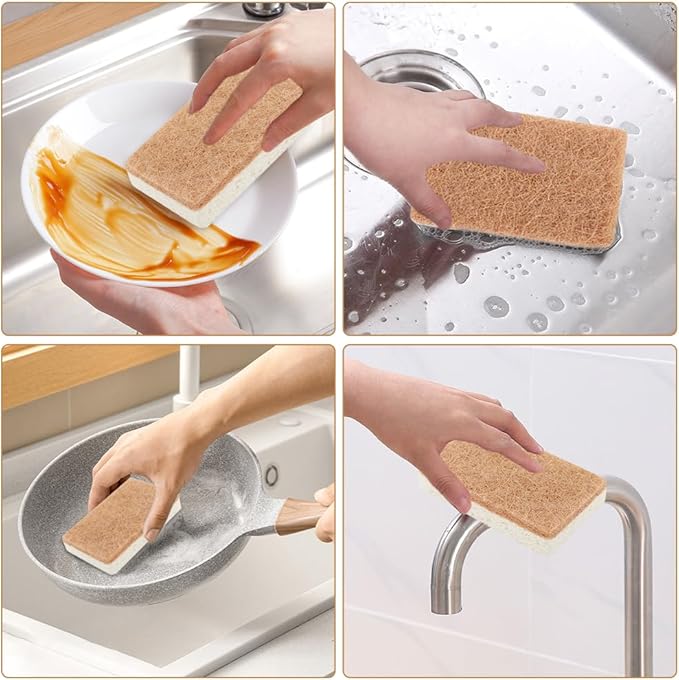 12pcs Natural Sponges for Dishes, Biodegradable Compostable Cellulose and Coconut Scrubber Sponge, Non-Scratch Reusable Cleaning Sponge for Removing Dirt and Oil in The Kitchen(Brown+White)