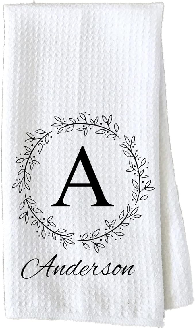 Personalized Kitchen Towel | Custom Tea Towel | Family Name Dish Towel | Kitchen Decor | Hand Towel | Housewarming Gift | Monogram Dishcloth (Wreath 5)
