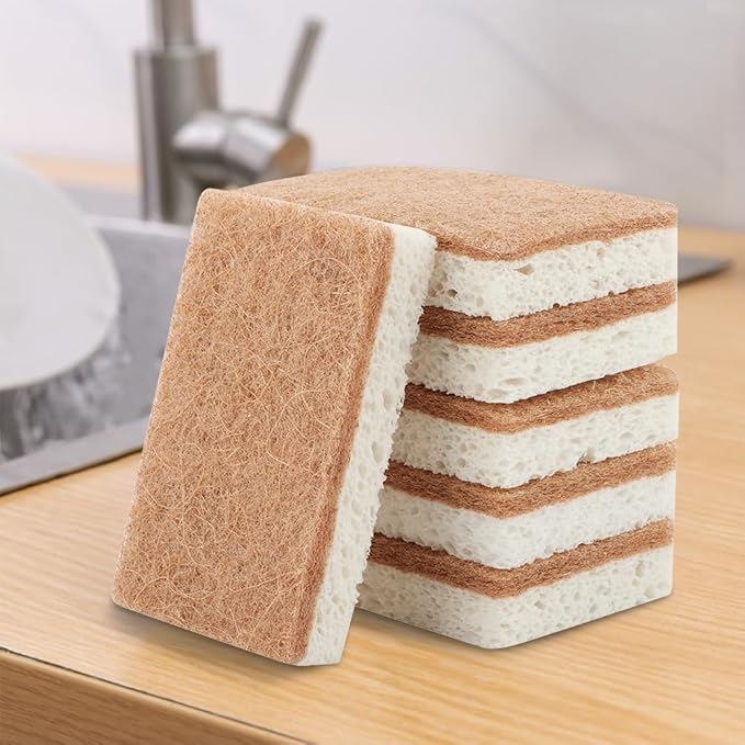 12pcs Natural Sponges for Dishes, Biodegradable Compostable Cellulose and Coconut Scrubber Sponge, Non-Scratch Reusable Cleaning Sponge for Removing Dirt and Oil in The Kitchen(Brown+White)