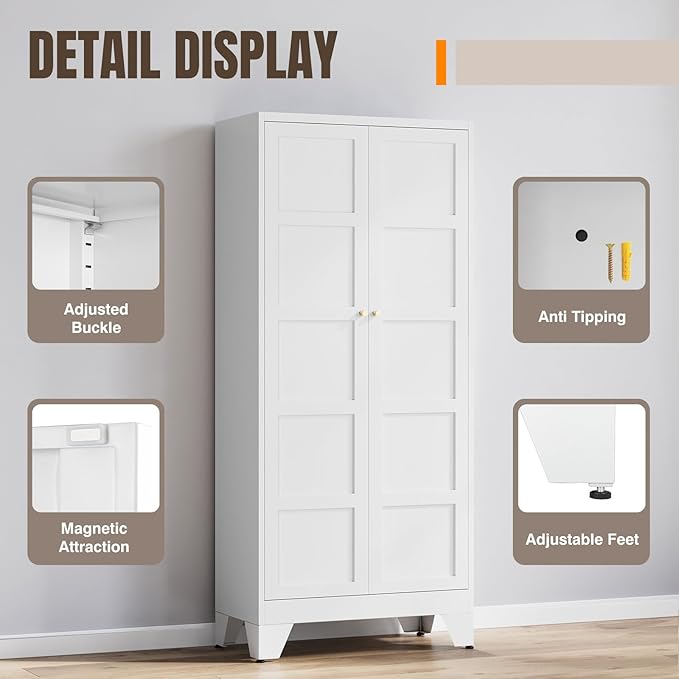 Yizosh Metal Storage Cabinet with 2 Doors and 4 Adjustable Shelves,- 72" White Kitchen Pantry Storage Cabinet for Kitchen,Living Room,Dining Room