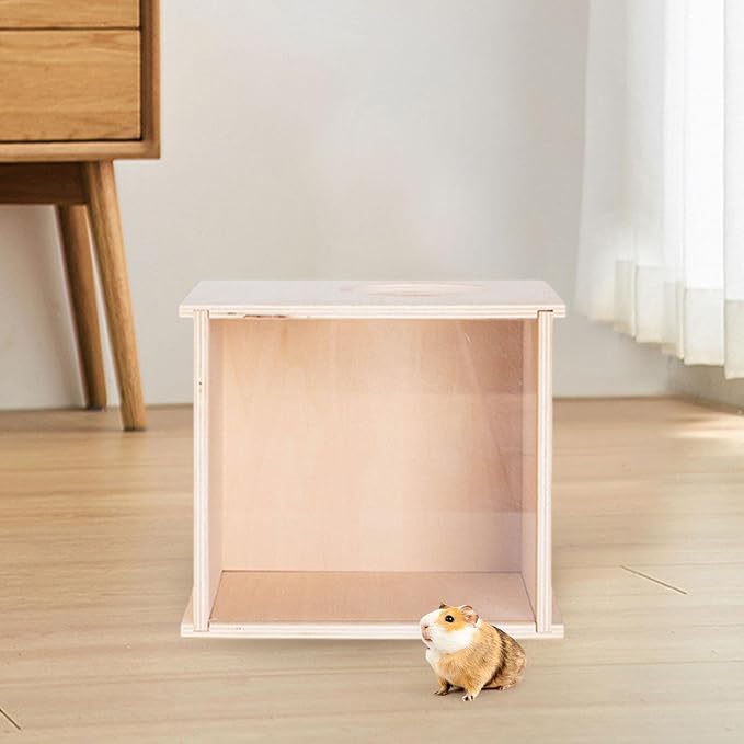 DIY Wooden Hamster Digging Box Enclosure with Transparent Observation Window, Easy Cleaning Multipurpose Stable Structure with Lid for Small Animals- Size S