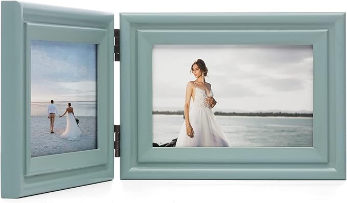 Horizontal 4X6 Picture Frames Double Hinged Wood Folding Photo Frames with Real Glass Front Fit for Desktop or Tabletop, Teal Blue XLAN-H64X2