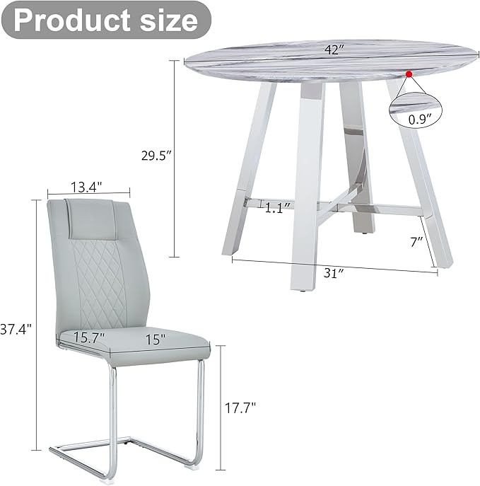 Round Dining Table Set for 4, Modern Kitchen Dining Table and Chairs Set for 4,5 Piece Dining Room Table Set,Round Faux Marble Table with 4 PU Leather Chairs for Small Space Kitchen Office
