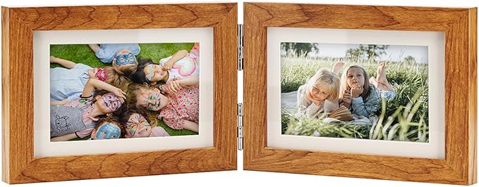 Double Hinged 4X6 Picture Frame with Real Glass-Tabletop or Wall Mounted, Display for 3X5 & 4X6 Photos (with/without Mat)-Rustic Brown, For Family Photos & Wedding Memories-Z64X2