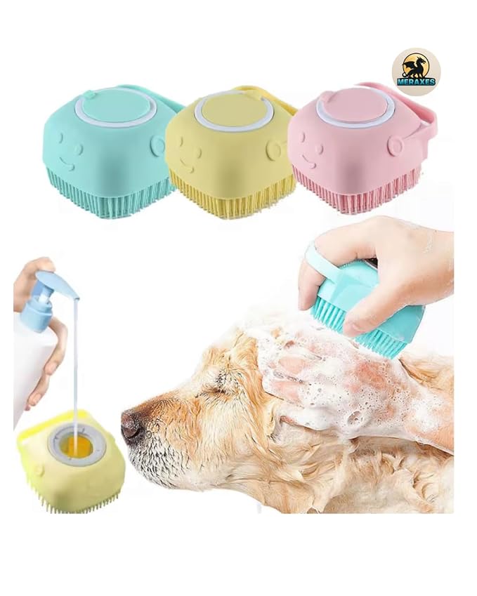 MERAXES Pet Grooming Bath Brush with Soap Dispenser – Soft Silicone Massage Bristles for Dogs & Cats, Gentle Deshedding & Deep Cleaning for Long or Short Hair – Yellow