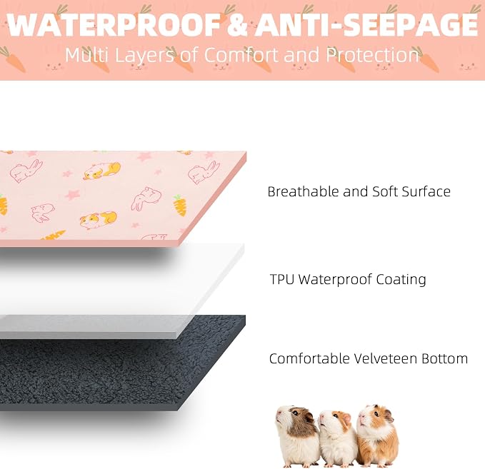 Homimp 2 Pack Guinea Pig Cage Liners,Washable Small Animal Bedding,Waterproof Reusable & Anti Slip Guinea Pig Pee Pad Fast and Super Absorbent Mat for Small Animal Rabbit Bunny Hamster,Pink 16"x24"
