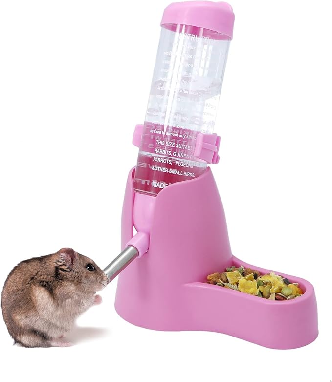 Wontee 3 in 1 Hamster Water Bottle with Food Bowl Hideout Base, 125ML, Pink | Water dispenser, food container, hideout, stable base, easy to refill, for glass tank/cage, dwarf hamster/mouse/gerbil, 4.2oz