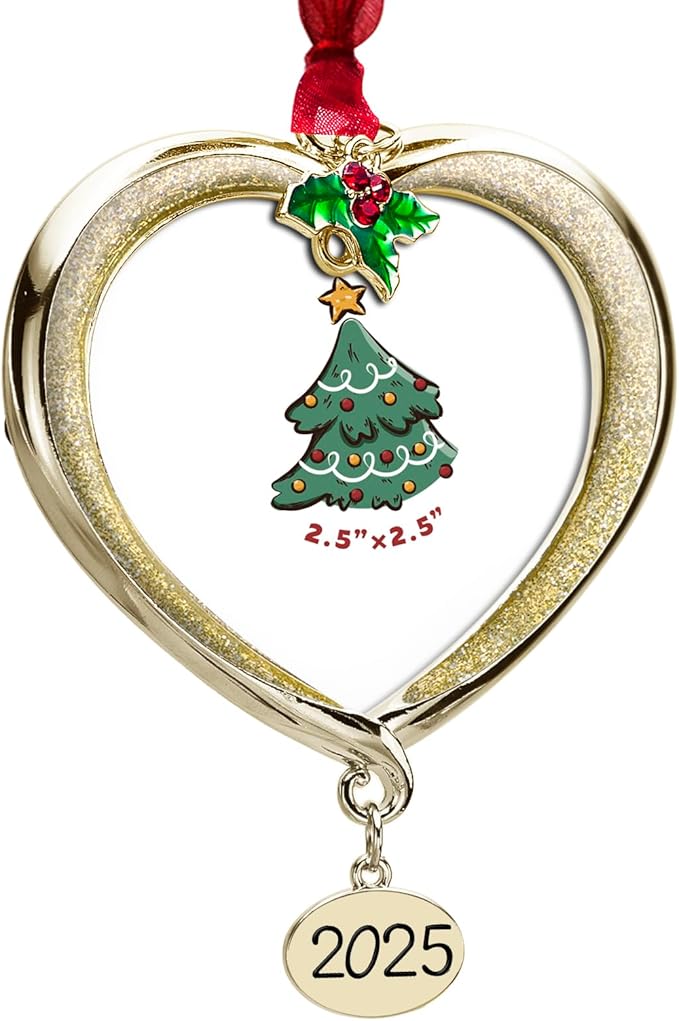 Christmas Tree Ornament Picture Frame Metal Hanging Pendant Holiday 2.5" Photo Frame Charm Decorative of Pets, Baby First Christmas, Family (2025 Golden)