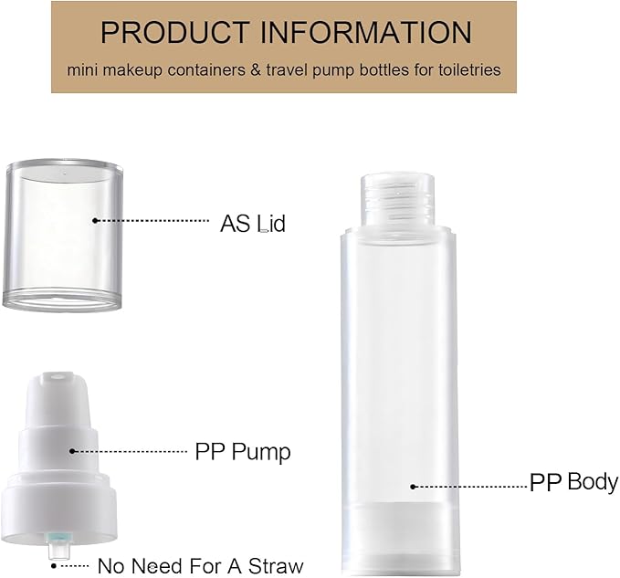 Small Airless Pump Bottles，Travel Toiletry containers，Lotion Dispenser，1.7 oz Travel Bottles TSA Approved Shampoo, Liquid Foundation, Hand sanitizer（ 4 Pack）