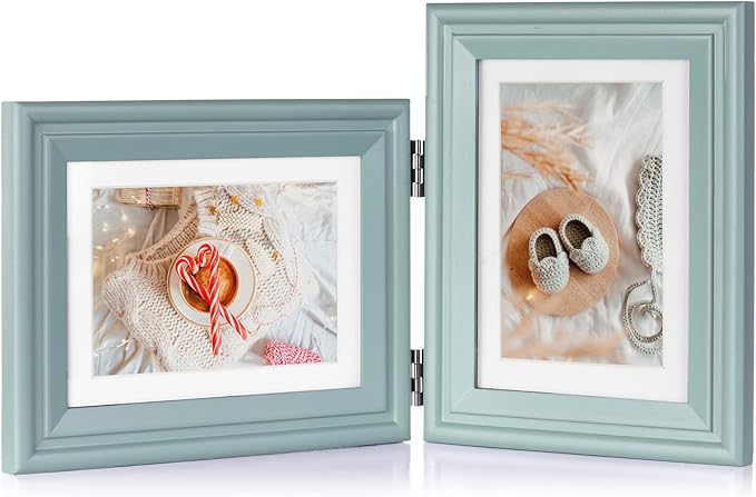 5X7 Double Wooden Hinged Picture Frame Horizontal and Vertical in Teal Blue, Display 4x6 with Mat or 5x7 without Mat, Folding Photo Frame with Real Glass Front for Tabletop X2-LAN-HS57