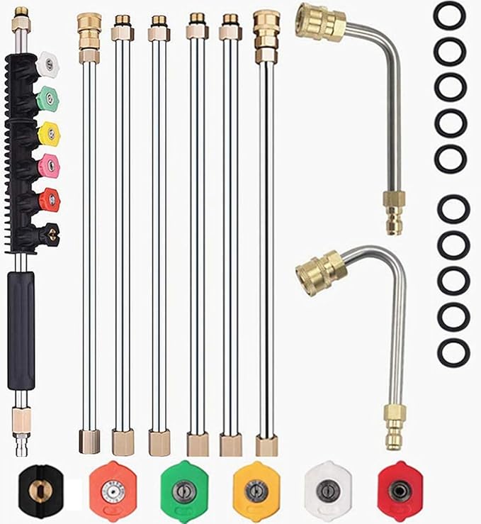 Selkie 120inch Stainless Steel Pressure Washer Extension Wand Power Washer Lance with Spray Nozzle Tips,30°,90°Curved Rod, 1/4’’Quick Connect, Replacement for Anti-Leaked Ring 4000 PSI…