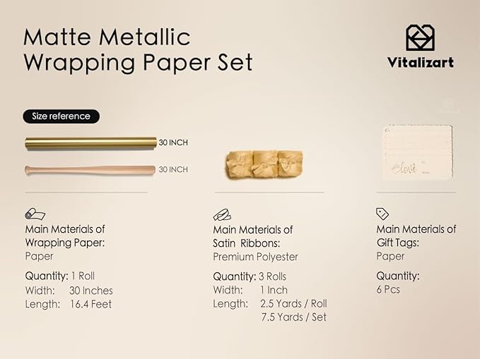 Vitalizart Gold Matte Metallic Wrapping Paper Set 30" With Silk Satin Ribbon & Gift Tags Christmas Gift Wrapping Birthday Baby Shower Wedding Bouquets Handmade Crafts 197"(16.4 Ft) Gold Ribbon