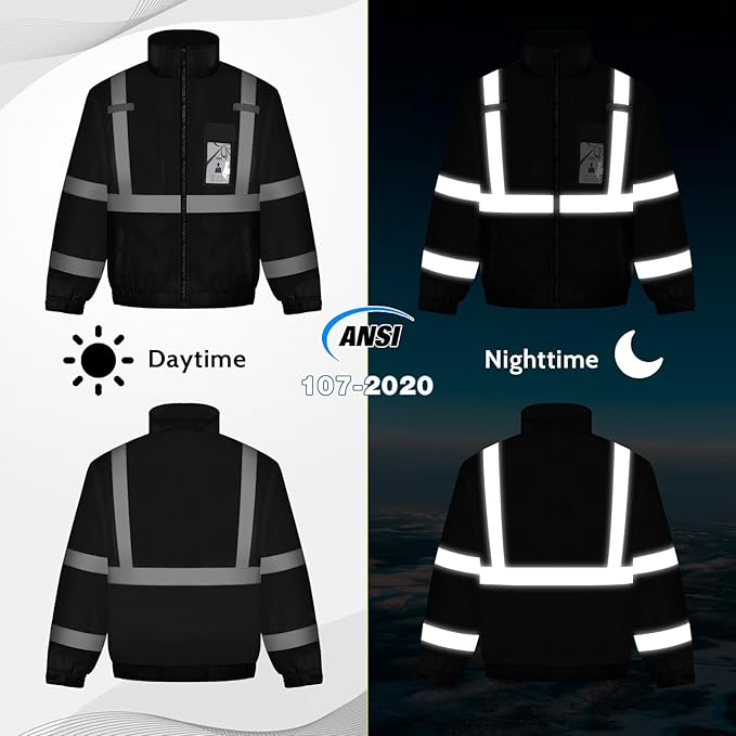 Hi Vis Rain Jackets, Reflective Safety Jacket with Pockets for Men& Women, Construction Coats for Cold Weather, Waterproof Rain Gear, Class 3, Black Standard, 4XL