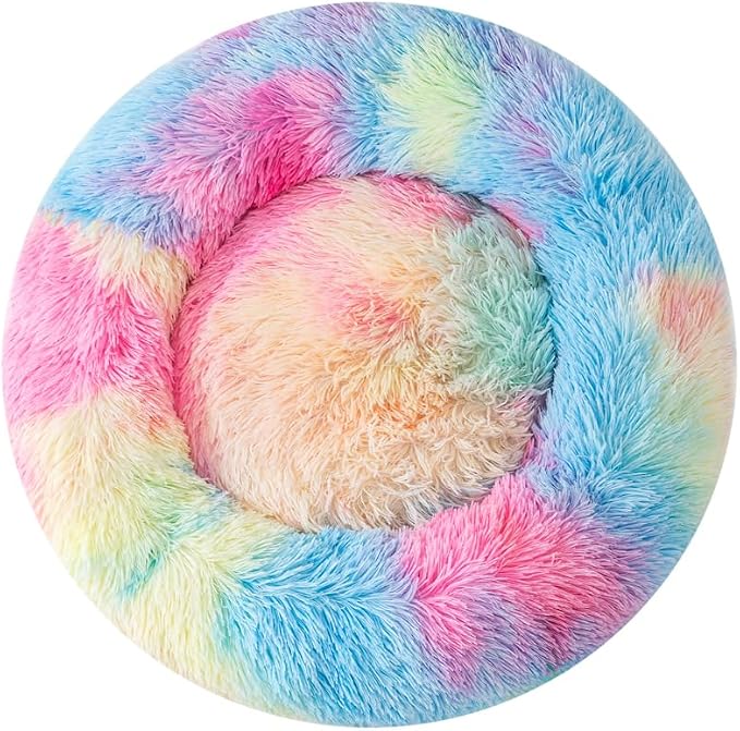 Donut Cat Bed for Indoor Cats,20" Rainbow Calming & Orthopedic Pet Bed - Plush Round Dog Bed with Non-Slip Bottom, Machine Washable for Cats, Small Dogs & Pets Up to 18lbs