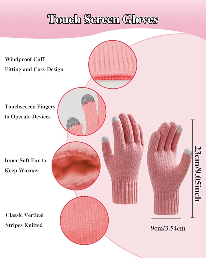 Winter Beanie Hat Scarf Gloves Set for Women, Fleece Knit Pompom Beanie Neck Warmer Long Scarf Touchscreen Gloves 3 in 1 Set