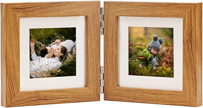 Double Hinged 4x4 Picture Frame with Real Glass-Tabletop or Wall Mounted, Display for 3x3 & 4x4 Photos (with/without Mat)-Rustic Brown, For Family Photos & Wedding Memories-Z44X2