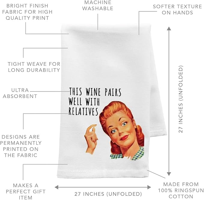 Andaz Press Funny Retro Kitchen Towel, Flour Sack Tea Towel, This Wine Pairs Well with Relatives, Kitchen Gifts for Mom, Women Daughter, Birthday Housewarming Gifts, Host, Kitchen Decor, Hand Towel